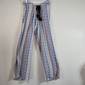 Bebop Womens XL Blue Wide Leg Boho Festival Pants Tassel Drawstring